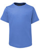 A blue T-shirt for kids with a round neckline and short sleeves, featuring a logo on the inside tag.