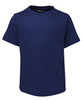 A navy blue children's t-shirt with a round neckline and short sleeves, featuring a logo inside the collar.