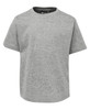 A grey short-sleeved kids' T-shirt with a round neckline and a logo.