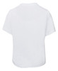 A plain white kids' t-shirt with short sleeves and a rounded hem. The shirt has a logo.