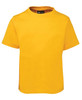 A bright yellow kids' t-shirt with a round neckline and short sleeves, featuring a logo on the label.