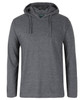 A grey long-sleeved hooded tee with a front pocket and a branding logo on the tag.
