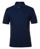 A navy polo shirt with a collar, featuring short sleeves and three buttons, along with a logo.