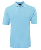 A light blue polo shirt featuring a collared neckline and short sleeves, with a logo on the chest.