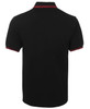 A black polo shirt with contrasting red stripes on the collar and sleeve cuffs. It features a logo.