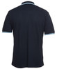 A navy polo shirt with contrasting light blue stripes on the collar and sleeve edges. It features a logo.