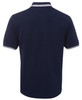 A navy polo shirt featuring contrasting white stripes on the collar and sleeve hems. It has a logo on the side.
