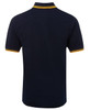A navy polo shirt featuring contrasting yellow stripes on the collar and sleeve hems. It has a branding logo.