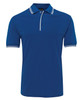 A blue polo shirt featuring contrasting trim on the collar and sleeves, with a logo on the chest.