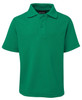 A green short-sleeved polo shirt with a collar and a logo on the chest.