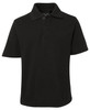 A black short-sleeve polo shirt with a collar, featuring three buttons and a logo on the chest.