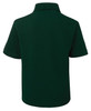 A green short-sleeved polo shirt with a collared neckline and a logo on the back.