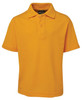 A bright yellow polo shirt with short sleeves and a classic collar, featuring a logo on the chest.