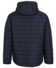 A dark navy hooded puffer jacket featuring a stitched panel design and a hood. It has a branding logo on the back.