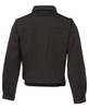 A black polar fleece jacket with a cropped design and gathered hem, featuring a collar and buttoned cuffs.