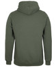 A green hoodie with a kangaroo pocket and a hood, featuring a logo on the back.