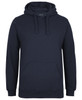A dark navy hoodie with a kangaroo pocket and a drawstring hood, featuring a logo on the front.