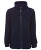 A navy polar fleece jacket with a full zip, high collar, and side pockets. It features a logo on the chest.