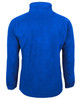 A blue polar fleece jacket featuring a high collar and elasticated cuffs, with a logo on the back.
