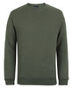 A green jumper with a round neckline and long sleeves, featuring a simple design and a logo.