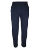 Navy blue fleece track pants with an elastic waistband and side pockets, featuring a logo.