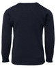 A navy knitted jumper featuring a simple design, with long sleeves and a ribbed hem. It has a logo on the back.