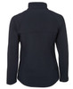A women's softshell jacket in navy, featuring a high collar and a fitted design. It includes a branding logo.
