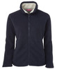 A navy fleece jacket with a full zip and a soft interior lining. Features a collar and a logo.