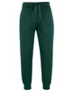 Green track pants with a drawstring waist and cuffed ankles, featuring a small logo.