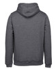 A grey hoodie with a rear view showcasing its hood and fabric texture. It features a logo on the back.