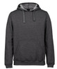 A grey hoodie with a front pocket and drawstring hood. It has a branded logo on the front.