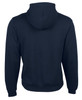 A dark navy hoodie with a hood and long sleeves, featuring a logo on the back.