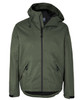 A green rain jacket with a hood, featuring a zip closure and two side pockets, plus a branding logo.