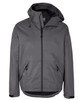 A grey rain jacket featuring a hood, two front pockets, and a zippered closure. It includes a logo on the fabric.
