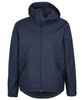 A navy rain jacket featuring a hood and a front zipper. The jacket includes a logo on its surface.