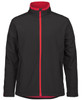 A soft shell jacket in black with a red zip and inner lining, featuring side pockets and a zip-up design.