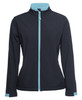 A women's softshell jacket in black with teal accents and a zip front, featuring a logo.