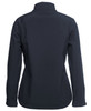 A black three-layer softshell jacket with a high collar and a smooth back design, featuring a logo.