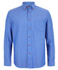 A long-sleeve indigo chambray shirt with a button-up front, featuring a chest pocket and orange buttons.