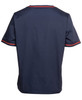 Unisex scrubs top in navy blue with contrasting red stripes on the sleeves. Features a logo on the back.