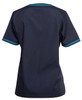 A navy scrub top featuring short sleeves and contrasting blue trim, with a logo on the back.