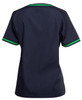 A navy scrubs top featuring green contrast trim and a logo, shown from the back.