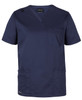 A navy unisex scrubs top featuring a V-neck, short sleeves, and multiple pockets. There is a logo on the chest area.