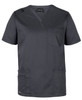 A dark grey unisex scrub top featuring a v-neck, short sleeves, and multiple pockets. It has a branding logo.