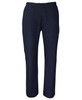 Navy blue ladies scrubs pants with an elastic waistband and pockets, featuring a logo on the side.