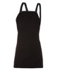 A black canvas bib apron with cross back straps and a front pocket. It features a branding logo.
