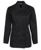 A black ladies' long-sleeve chef's jacket with a double-breasted design and a side pocket.
