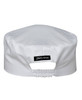 A white chef's vented cap with a mesh back and an elastic adjustment. Features a branded label.