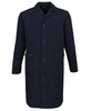 A dark navy lab coat with long sleeves, a button front, and a chest pocket. It features a logo on the side.