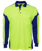 A long-sleeve polo shirt in bright yellow and navy blue, featuring a chest pocket and contrasting sleeve panels.